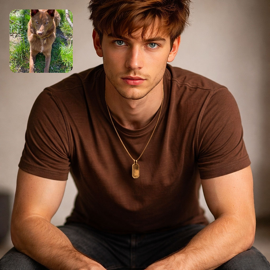 A striking brown dog with piercing blue eyes lounges on the grass, basking in the sunlight with an intense and almost mystical gaze, as if guarding the secrets of the backyard kingdom.