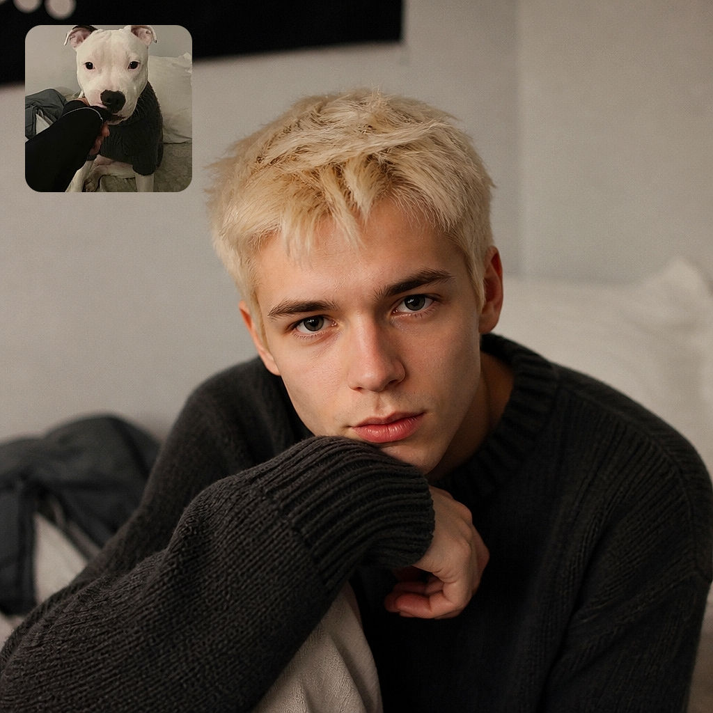 A sweet white dog sits proudly on a bed while gently holding a person’s sleeve in its mouth, looking like it has just been promoted to chief of household security. The cozy bedroom background and soft lighting give the photo an intimate, candid feel.