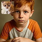 A curious little orange and white kitten with big round eyes looks straight into the camera, sitting on a soft cream-colored surface with a blurred background of shelves. The kitten's nose and eyes have some dirt marks, adding a bit of character to its innocent face.
