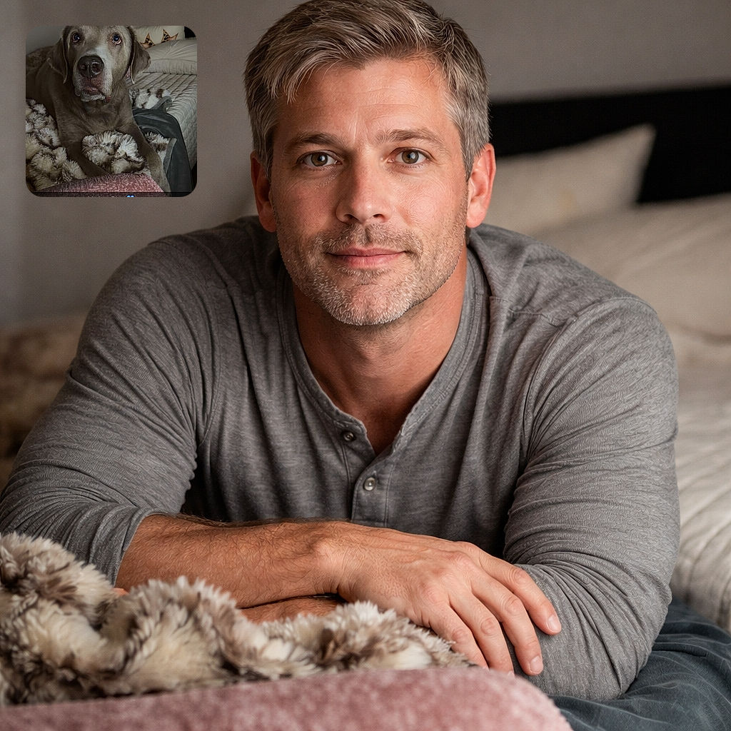 A soulful dog with big, expressive eyes lounges comfortably on a fluffy blanket, surrounded by cozy bedding and pillows. The lighting is soft, highlighting the dog's gentle expression, while the text overlay lovingly declares 'My boy Blue' with a blue heart emoji.
