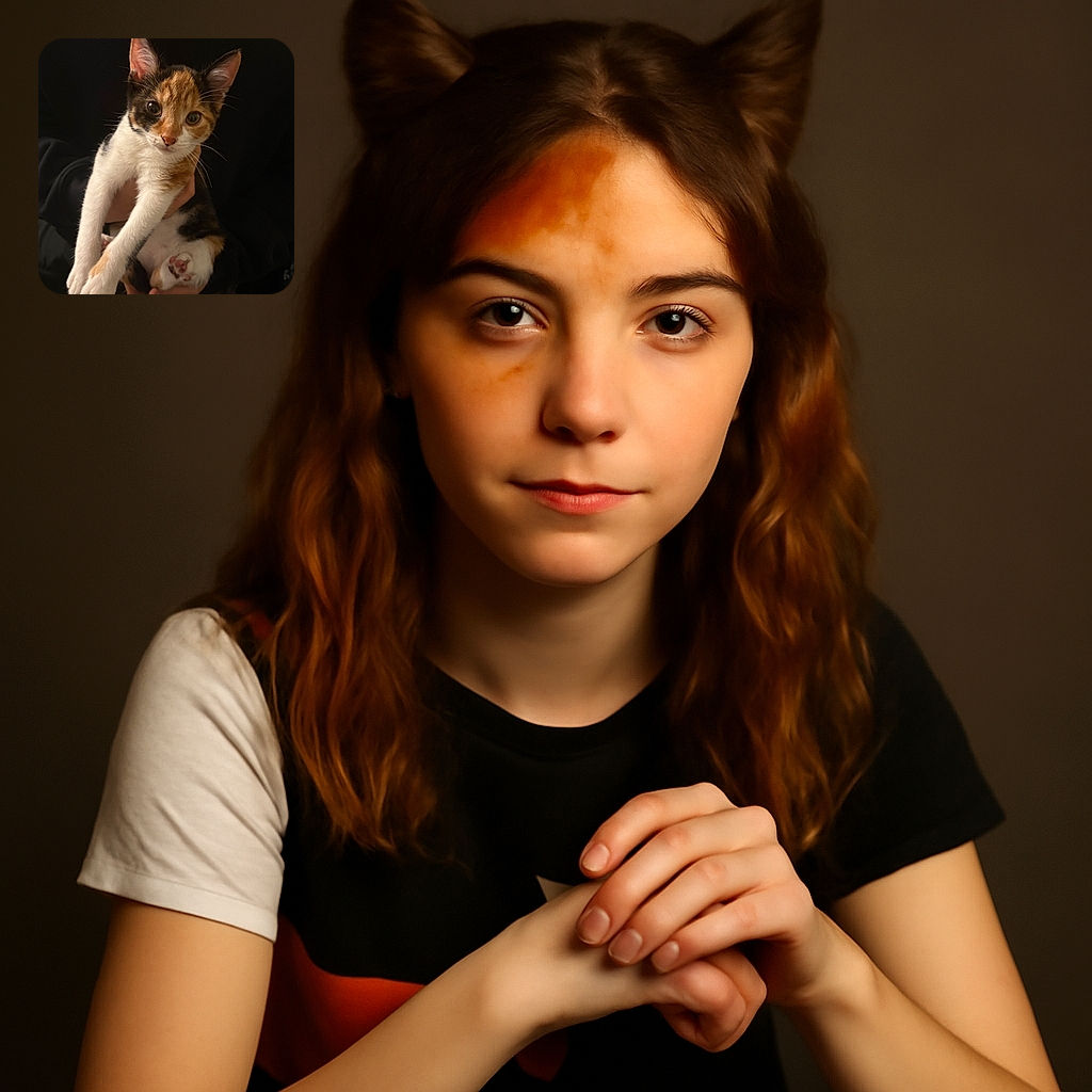 A charming calico kitten is being gently held up against a dark background, its big curious eyes looking straight at the camera, with tiny pink paw pads visible and soft fur details captured beautifully.