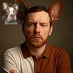 A close-up of a serious-looking dog with huge ears takes center stage, while a person peeks from behind in a dimly lit room, creating a cozy and slightly mysterious vibe.