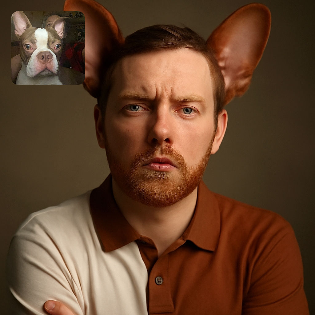 A close-up of a serious-looking dog with huge ears takes center stage, while a person peeks from behind in a dimly lit room, creating a cozy and slightly mysterious vibe.