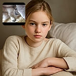 A blurry and dimly lit photo of a cat lying on a woven surface, partially covered by a white cloth, looking curiously at the camera with a slightly grumpy expression.
