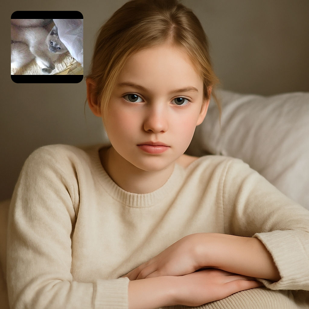 A blurry and dimly lit photo of a cat lying on a woven surface, partially covered by a white cloth, looking curiously at the camera with a slightly grumpy expression.