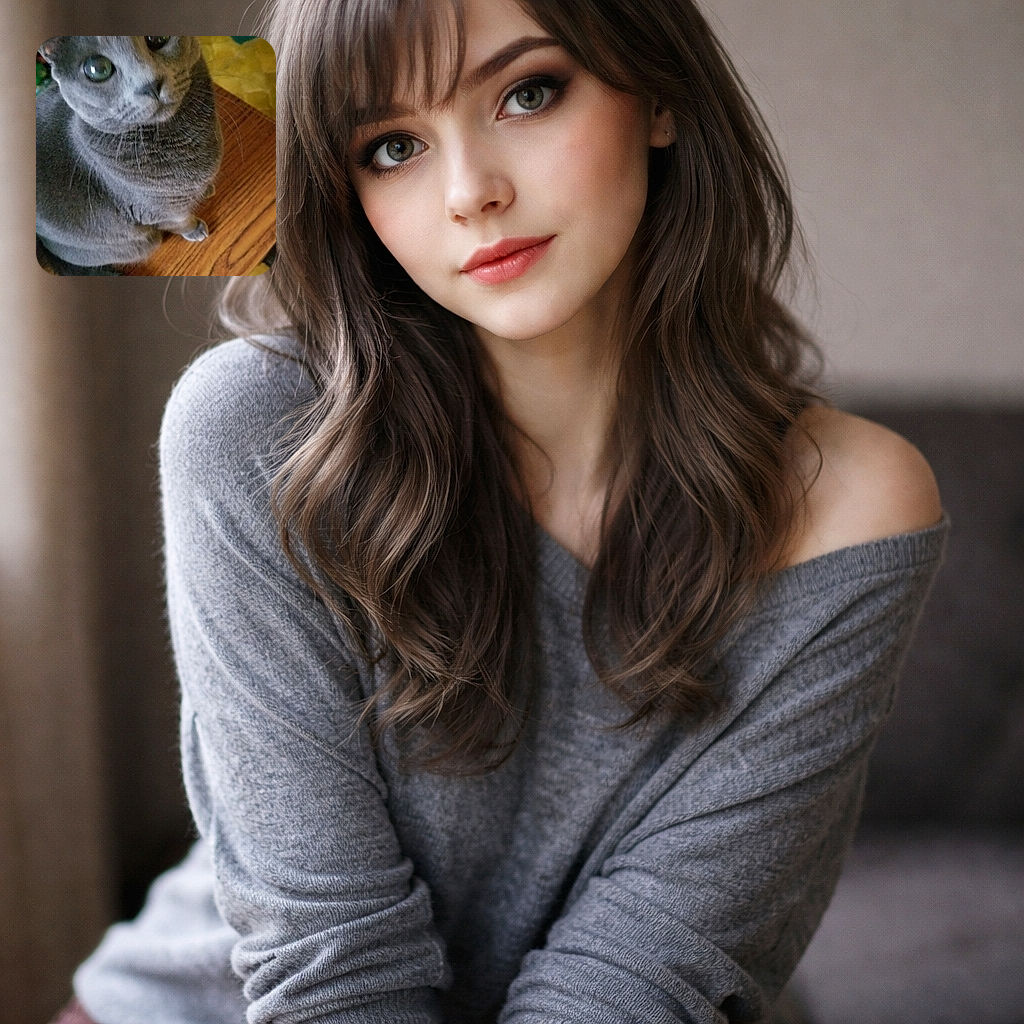 A wide-eyed gray cat stares up like it just discovered the meaning of life (or the sound of a treat bag). Close-up, slightly soft focus gives it a cozy, impromptu portrait vibe — whiskers on full display and tail looping off the table.