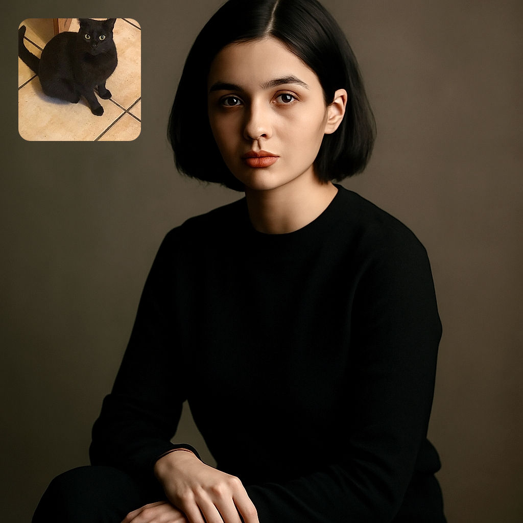 A sleek black cat sits attentively on a tiled floor next to a wooden cabinet, its bright eyes staring directly at the camera with curious intensity.