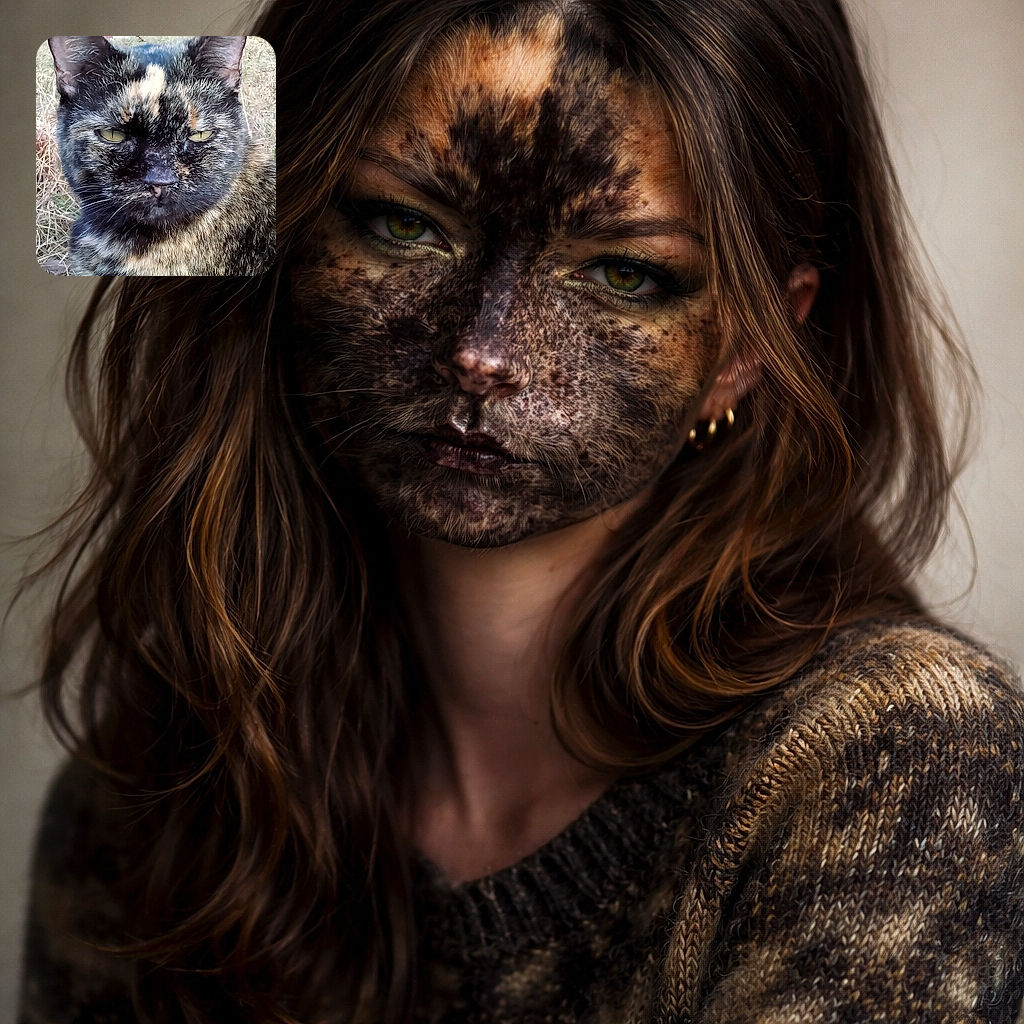 A sassy tortoiseshell cat up close, giving the camera a withering 'I own this lawn' stare — mottled fur, slit yellow eyes, proud whiskers and a tiny fleck of dirt on the nose. Dry grass blurs in the background while the kitty's face steals the whole frame.