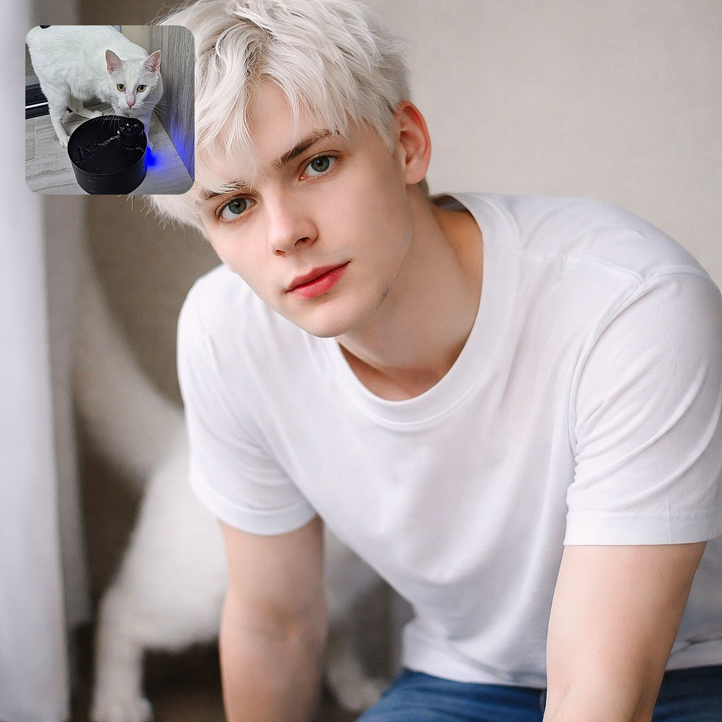 A curious white cat leans over a black pet fountain, wide yellow eyes locked on the camera as a neat arc of water splashes into the bowl — it looks like the cat just opened a boutique spa in the corner with a blue status light for ambiance.