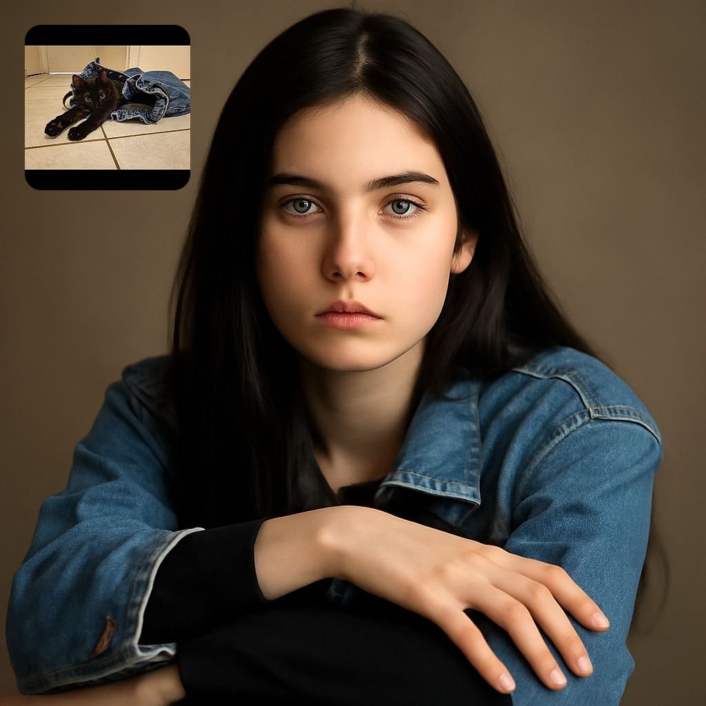 A sleek black cat is comfortably lounging inside a denim bag on a tiled floor, stretching its paws out as if claiming the bag as its new throne.