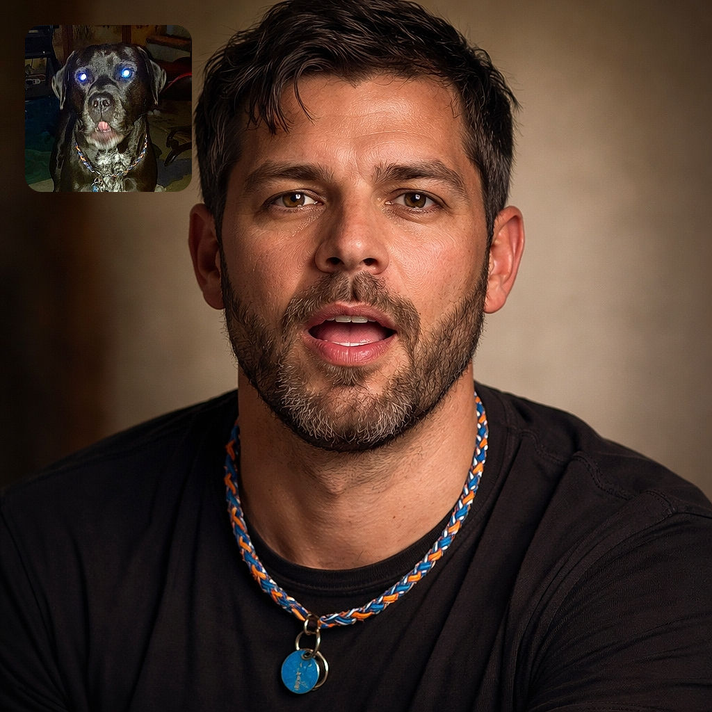A close-up of a big black dog caught mid-face with flash-blink eyes glowing like tiny UFOs and a goofy pink tongue poking out — looks equal parts startled and unimpressed, wearing a braided collar in a dim living room.