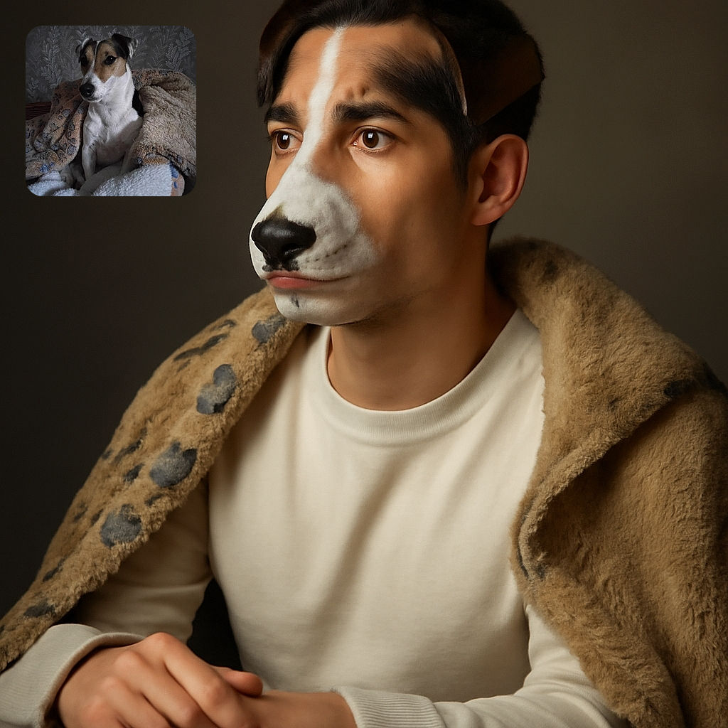 A cozy dog wrapped snugly in a fluffy blanket, sitting calmly with a soft-focus background of patterned wallpaper, radiating a warm and relaxed vibe.