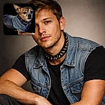 A small dog wearing a denim jacket and a spiked collar poses against a black background, looking alert and stylish like a tiny rockstar ready to steal the spotlight.