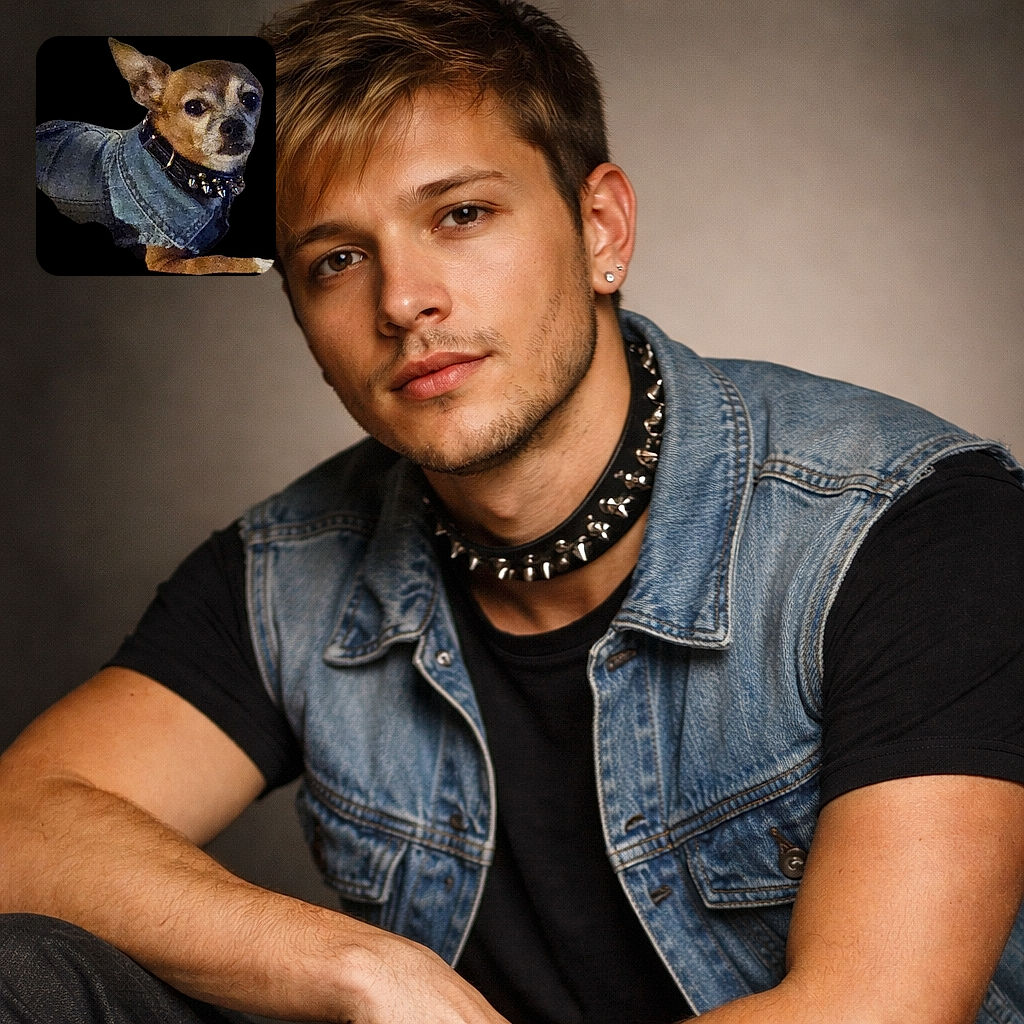 A small dog wearing a denim jacket and a spiked collar poses against a black background, looking alert and stylish like a tiny rockstar ready to steal the spotlight.