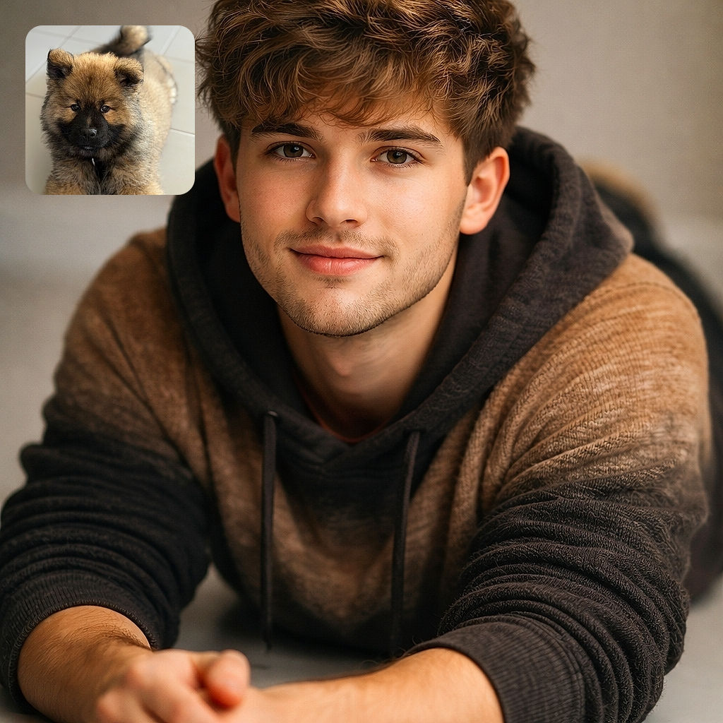 A ridiculously fluffy puppy stares straight at the camera like a miniature bear who just learned how to pose — soft light, tile floor background, and a snout that clearly expects treats and adoration.