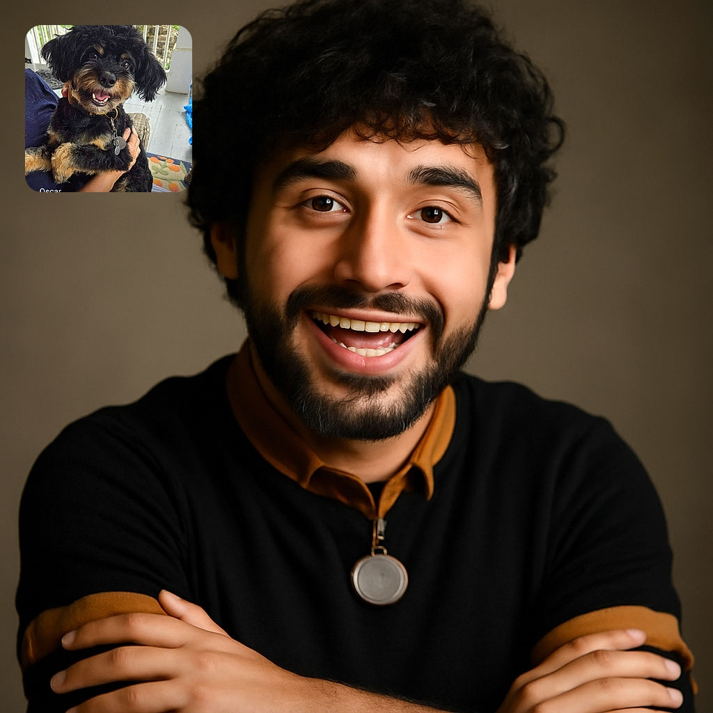 A fluffy black and tan dog with a happy, open-mouthed smile is being held by a person on a porch. The dog's shiny eyes sparkle with joy, and its collar with tags adds a touch of personality. The background shows a cozy porch with white railings and a colorful rug, while the text 'Oscar' overlays the image, giving the pup its name.
