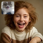 A fluffy Pomeranian puppy with its tongue out, looking excited and happy, perched on someone's lap with a cozy indoor background featuring a modern light fixture and window blinds.
