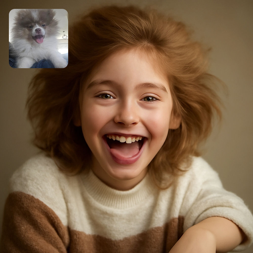 A fluffy Pomeranian puppy with its tongue out, looking excited and happy, perched on someone's lap with a cozy indoor background featuring a modern light fixture and window blinds.