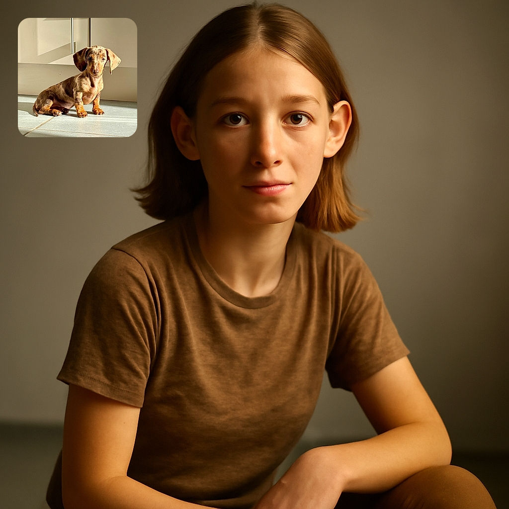 A charming little dachshund puppy with a unique dappled coat sits on a sunlit tiled floor, basking in the warm glow of natural light, with a modern kitchen cabinet in the background casting soft shadows.