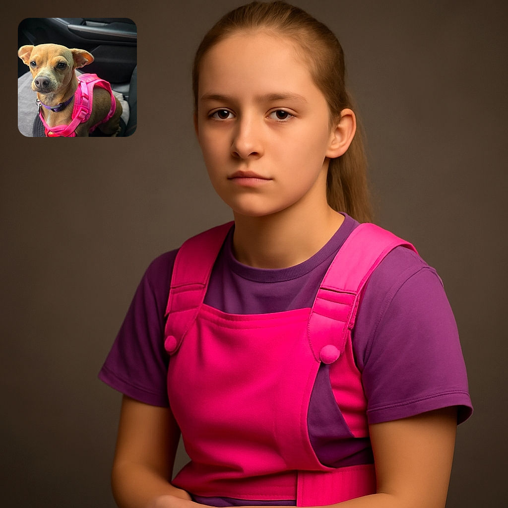 A small dog with a serious expression is sitting on a car seat, wearing a bright pink harness and a purple collar. The interior of the car is visible in the background, and the dog seems to be patiently waiting for the next adventure.
