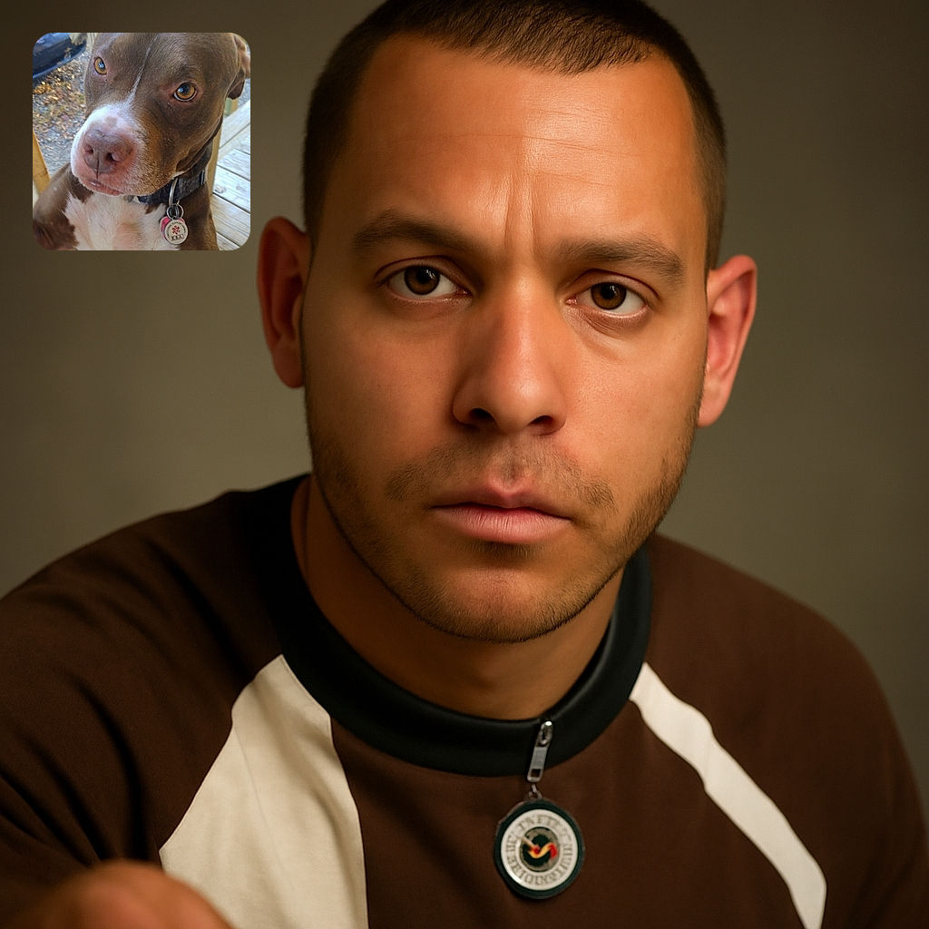 A close-up photo of a brown and white dog with soulful eyes looking directly at the camera, standing on a wooden porch with a car and some leaves visible in the background.