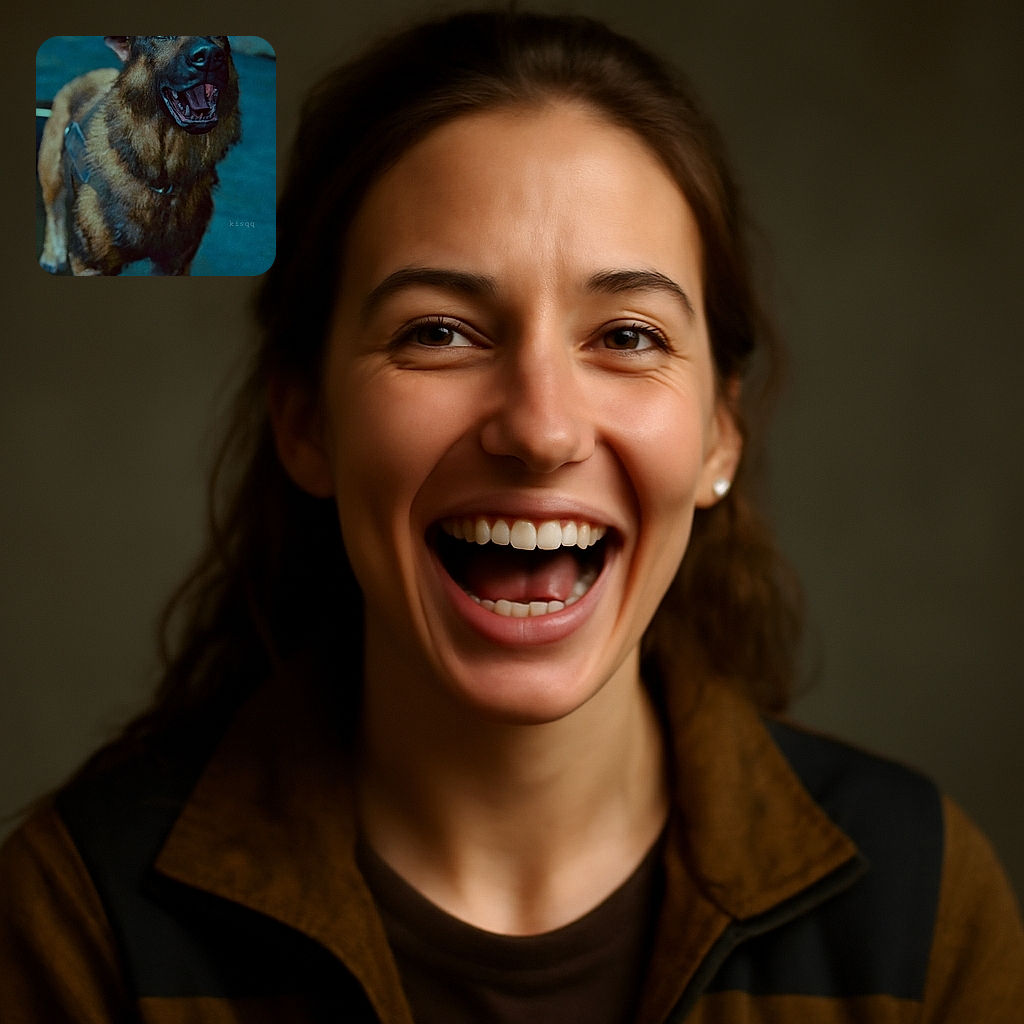 A close-up of a happy German Shepherd dog with mouth open, showing its teeth and tongue, standing against a blurred blue-toned background, capturing the dog's expressive eyes and detailed fur texture.