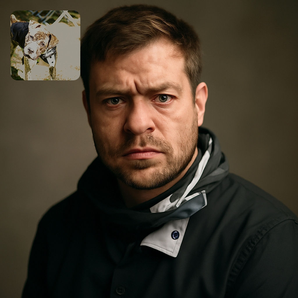 A curious brindle dog dressed in a tuxedo jacket tilts its head inquisitively, standing outdoors on grass with some blurred chairs in the background. The lighting is a bit harsh, causing some overexposure on parts of the dog and ground.