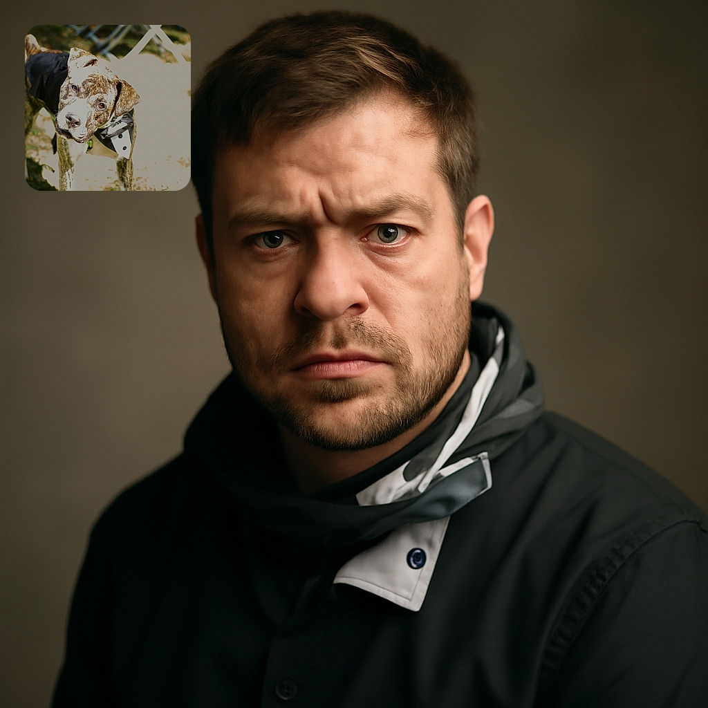 A curious brindle dog dressed in a tuxedo jacket tilts its head inquisitively, standing outdoors on grass with some blurred chairs in the background. The lighting is a bit harsh, causing some overexposure on parts of the dog and ground.