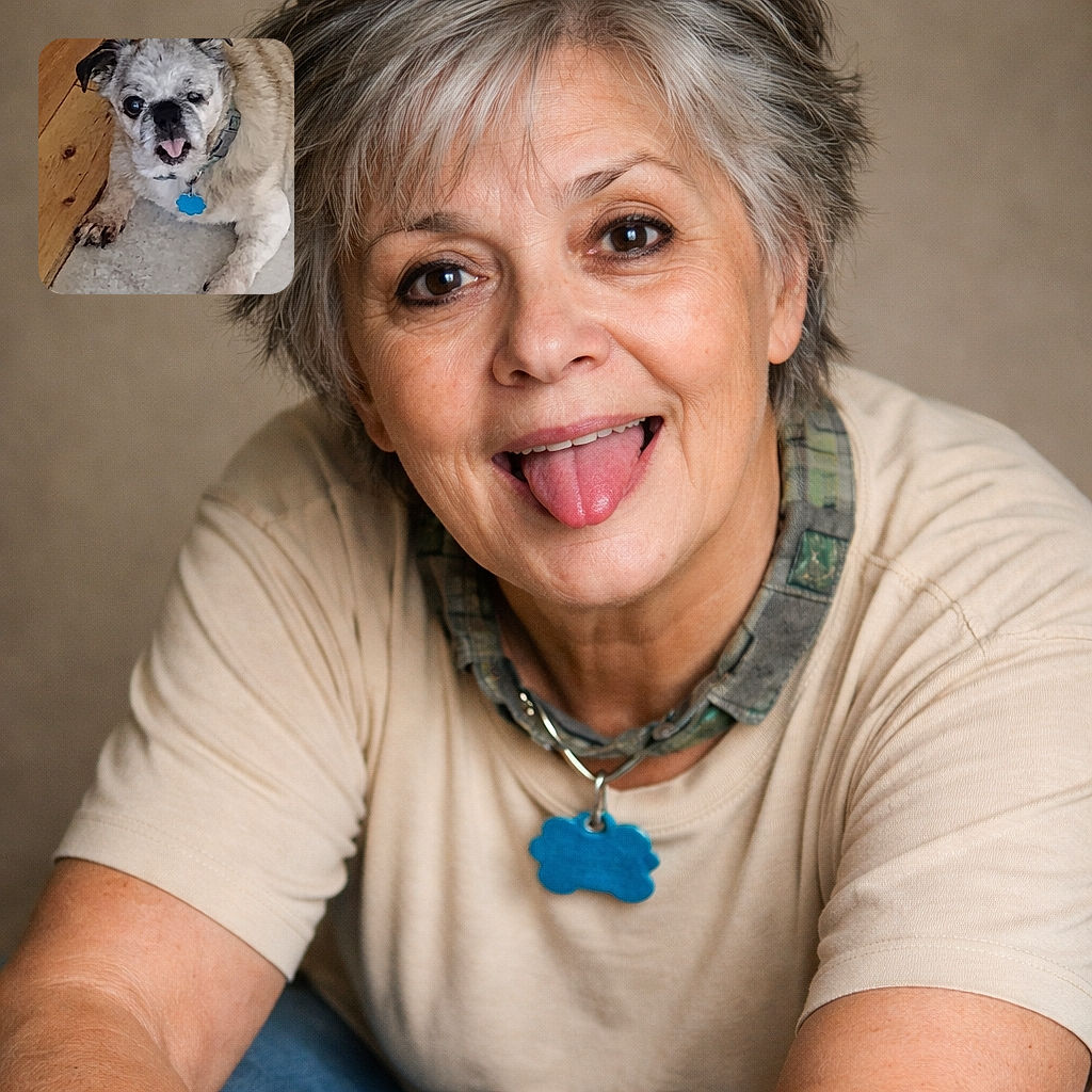 A grizzled little dog stares up with its tongue flopped out like it just told a terrible joke — squinty one eye, big black nose, blue cloud-shaped tag bobbing on a collar, sprawled half on wood and half on tile with adorable scruffy paws in view.