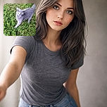 A curious gray cat with striking yellow eyes looks up at the camera while standing on a patch of freshly cut grass, its tail raised high in an inquisitive pose.