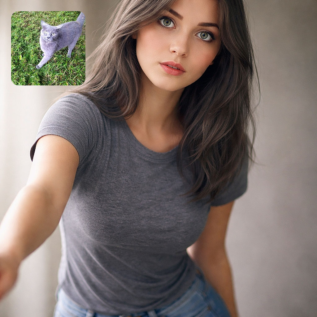 A curious gray cat with striking yellow eyes looks up at the camera while standing on a patch of freshly cut grass, its tail raised high in an inquisitive pose.