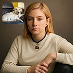 A relaxed light-colored dog lounges majestically on a black leather couch, looking attentively towards the camera with a calm and dignified expression, surrounded by cozy home furnishings.