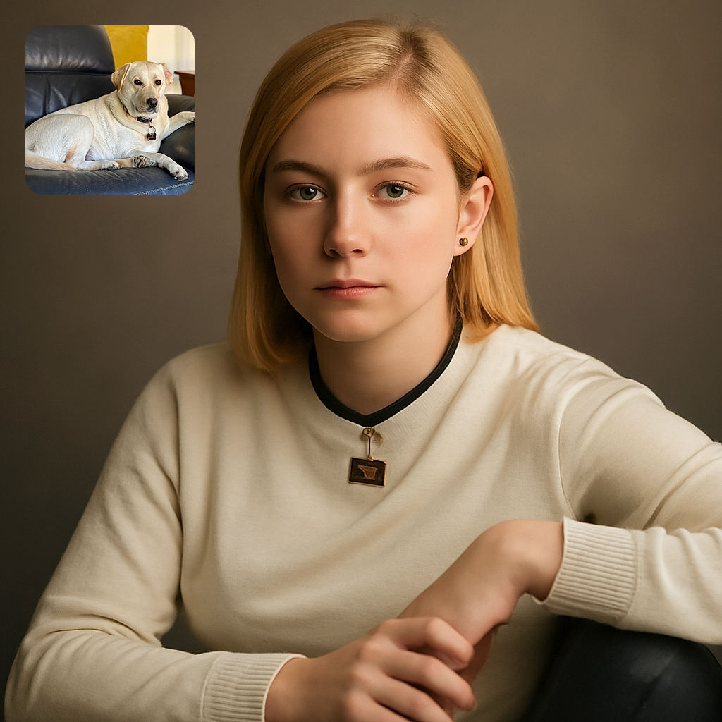 A relaxed light-colored dog lounges majestically on a black leather couch, looking attentively towards the camera with a calm and dignified expression, surrounded by cozy home furnishings.
