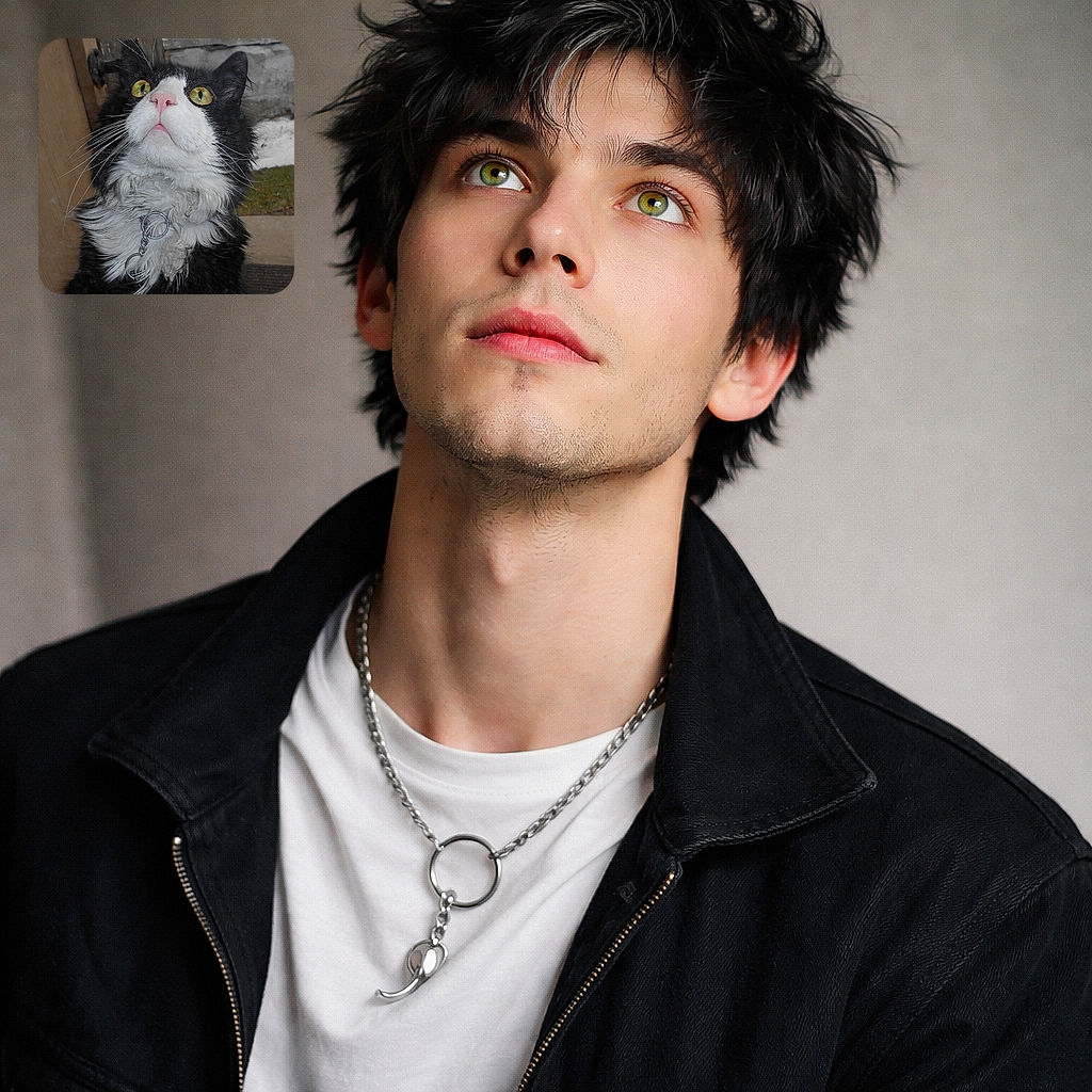 A wide-eyed tuxedo cat striking a dramatic upward gaze like it's just spotted a flying snack — pink nose, flamboyant whiskers, and a shiny chain collar complete its 'surprised royalty' look.