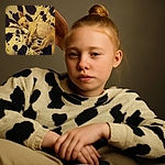 A small tan dog is lounging comfortably on a black and white spotted blanket draped over a chair, looking relaxed and slightly sleepy with one ear perked up.