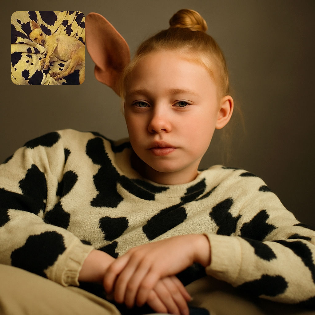 A small tan dog is lounging comfortably on a black and white spotted blanket draped over a chair, looking relaxed and slightly sleepy with one ear perked up.