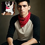 A charming black and white dog wearing a red bandana lounges on a wooden floor, with a person's arm gently resting behind it. The dog's expressive eyes and alert ears make it look ready for an adventure or a treat.