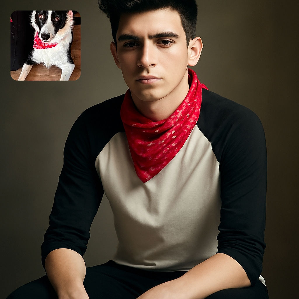 A charming black and white dog wearing a red bandana lounges on a wooden floor, with a person's arm gently resting behind it. The dog's expressive eyes and alert ears make it look ready for an adventure or a treat.