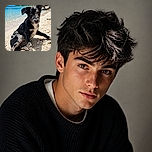 A black-and-white puppy sits on a tropical beach with the unmistakable expression of someone who has just been asked to explain why they dug in the sand. Palm trees, turquoise water, and bright sunshine complete the vacation postcard.