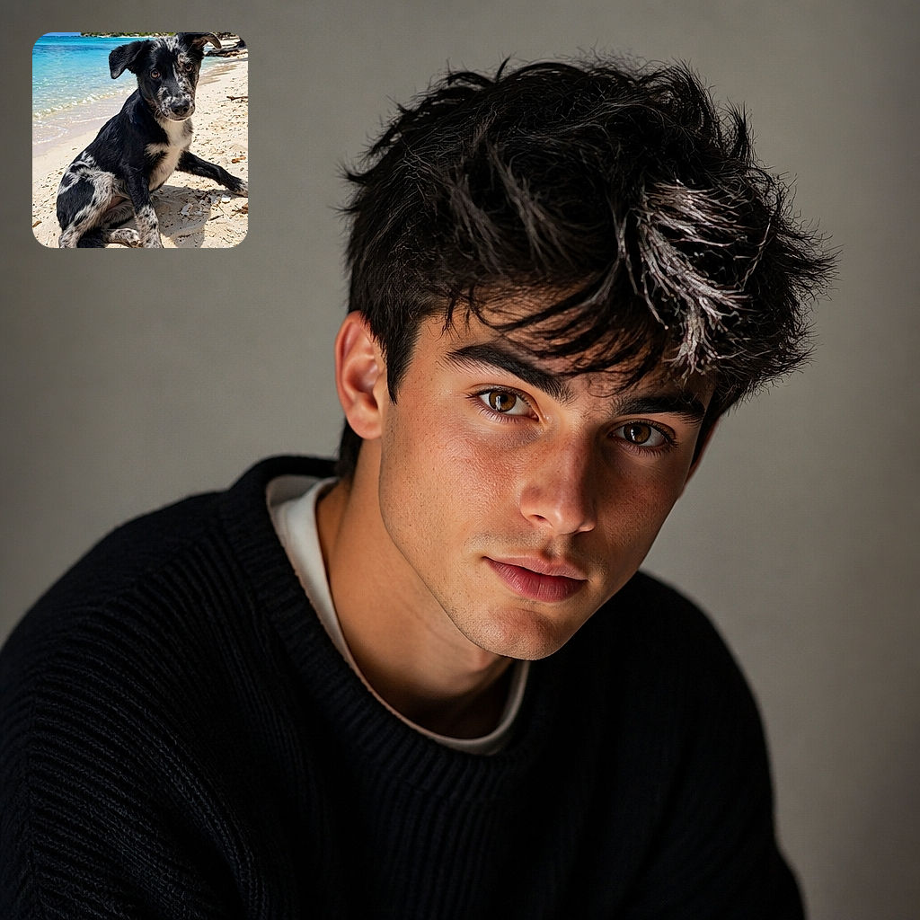 A black-and-white puppy sits on a tropical beach with the unmistakable expression of someone who has just been asked to explain why they dug in the sand. Palm trees, turquoise water, and bright sunshine complete the vacation postcard.