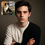 A fluffy black and white cat sits gracefully on a green carpeted balcony, framed by a wooden post and safety netting. The cat's intense amber eyes stare directly at the camera, while its bushy tail curls around its body. In the background, a quiet suburban street and leafless trees hint at a chilly day.