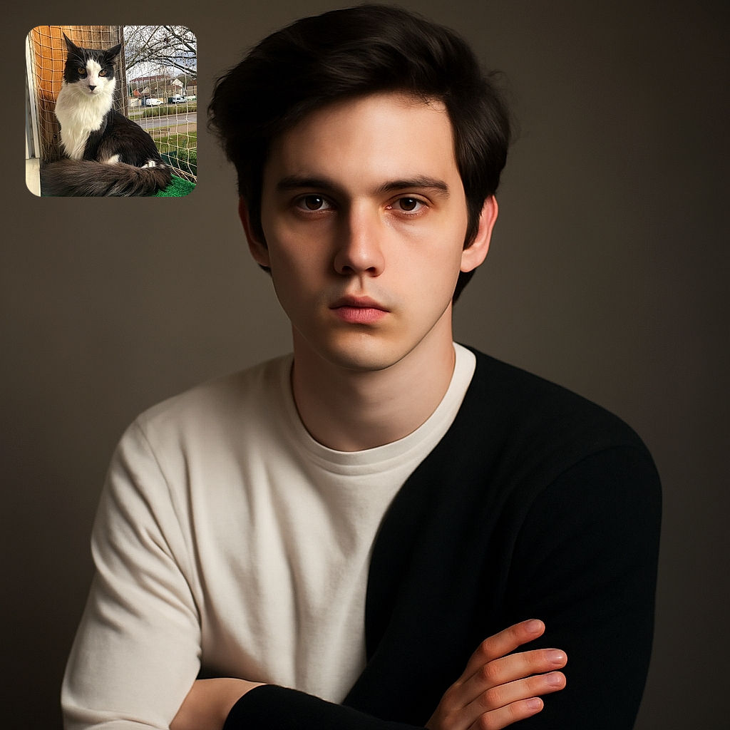 A fluffy black and white cat sits gracefully on a green carpeted balcony, framed by a wooden post and safety netting. The cat's intense amber eyes stare directly at the camera, while its bushy tail curls around its body. In the background, a quiet suburban street and leafless trees hint at a chilly day.