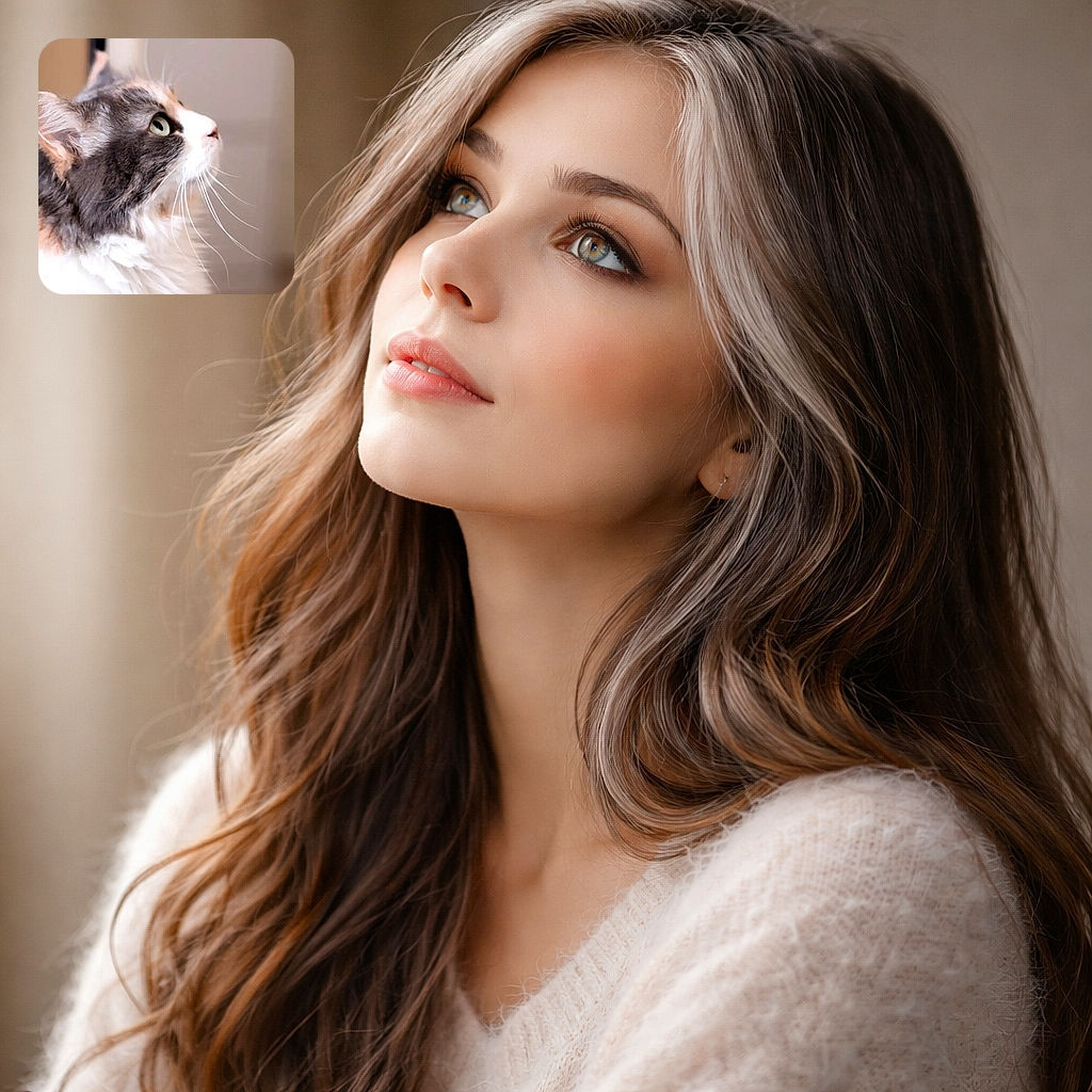A close-up profile shot of a fluffy cat with expressive green eyes staring intently at something off-frame. The soft focus background highlights the cat's detailed fur texture and long whiskers, giving a cozy and contemplative vibe.