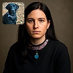 A dignified black Labrador sits patiently on a bed of autumn leaves, its shiny coat contrasting beautifully with the warm, earthy background. The dog's eyes hold a calm and soulful gaze, while its collar with a blue tag adds a touch of personality.