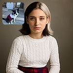 A charming black and white dog dressed in a cozy white sweater and red plaid skirt sits patiently on a concrete porch step, looking up with an adorable, slightly tilted head as if wondering about its next adventure. Behind, a decorative snowman and a wicker chair add a cozy, homey vibe to the scene.