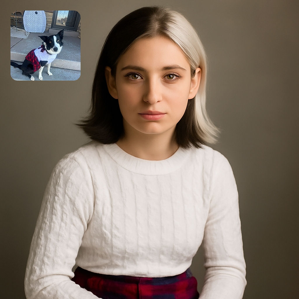 A charming black and white dog dressed in a cozy white sweater and red plaid skirt sits patiently on a concrete porch step, looking up with an adorable, slightly tilted head as if wondering about its next adventure. Behind, a decorative snowman and a wicker chair add a cozy, homey vibe to the scene.