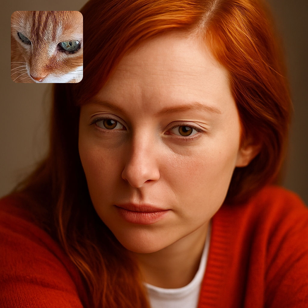 A close-up shot of an orange tabby cat with striking green eyes, showcasing the intricate details of its fur and whiskers. The cat appears calm and contemplative, with soft natural lighting highlighting its facial features.