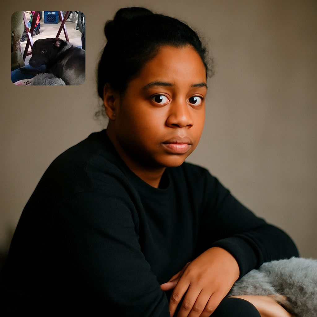 A somewhat blurry photo of a dark-colored dog lying on a soft blanket indoors. The dog looks back towards the camera with a curious expression. In the background, there are household items including a blue crate and a bicycle, giving a casual, lived-in vibe.