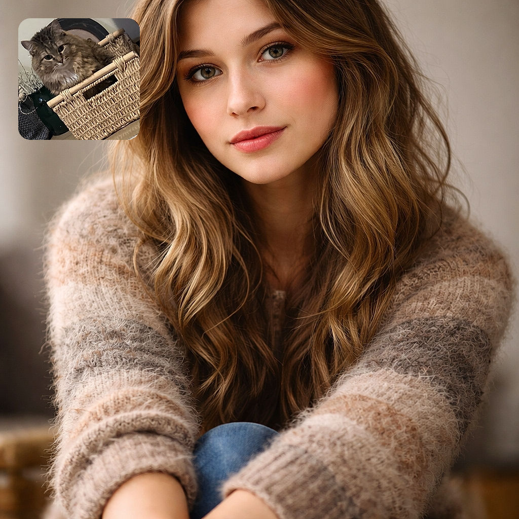 A fluffy tabby has claimed a wicker basket as its throne and gives the camera a regal side-eye; a decorative plate and green vase lurk in the background while the cat contemplates the meaning of indoor luxury.