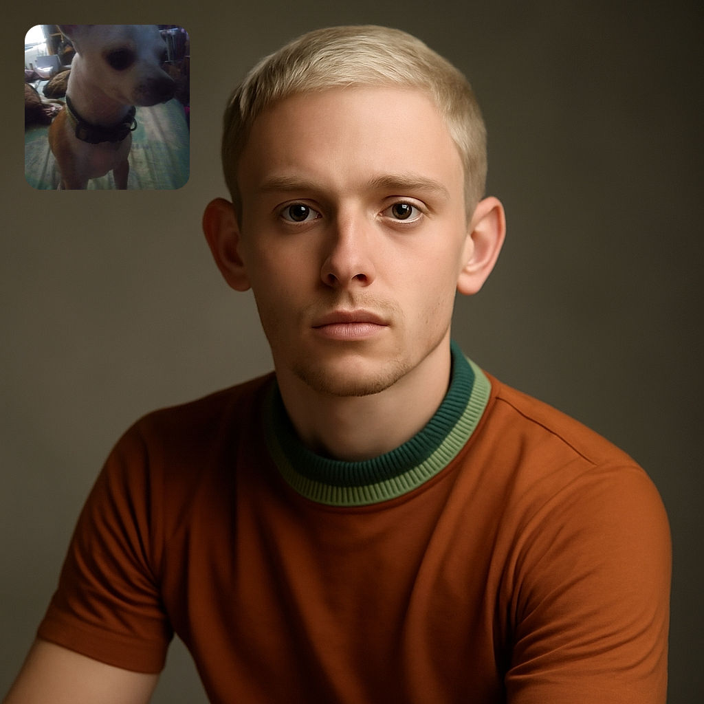 A blurry and dimly lit photo of a small dog, possibly a Chihuahua, standing on a bed with a collar. The background is cluttered with indistinct furniture and objects, giving a cozy but unclear indoor setting.